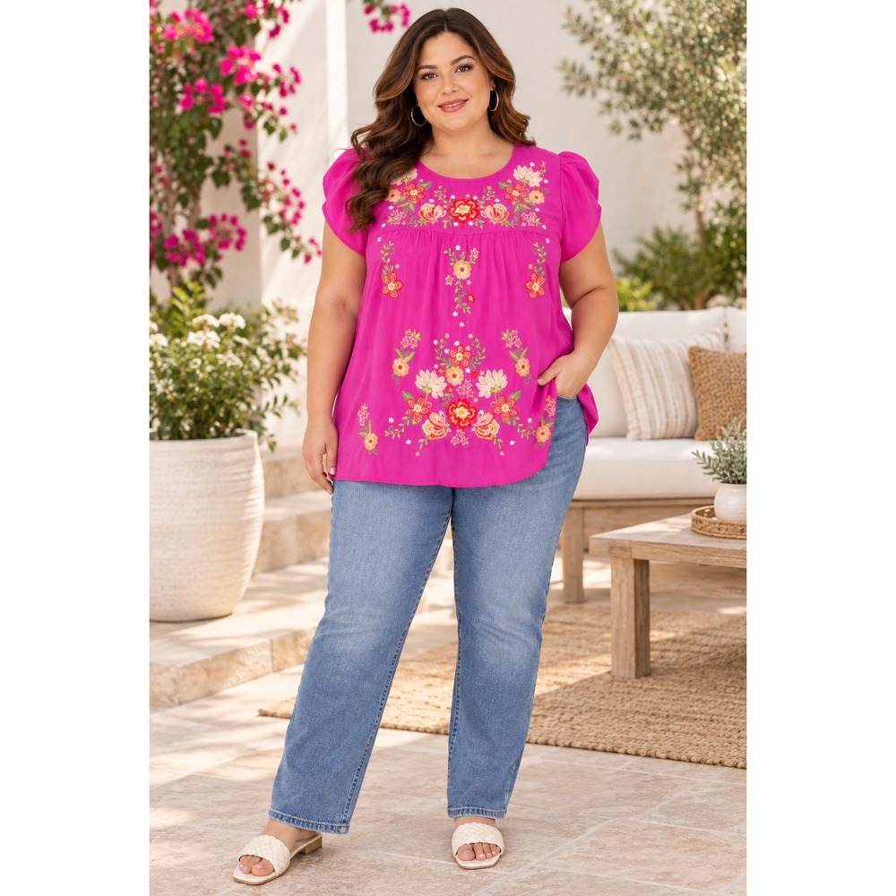 Savanna Jane Magenta Pink Floral Embroidered Boho Blouse Top Plus Size 2X